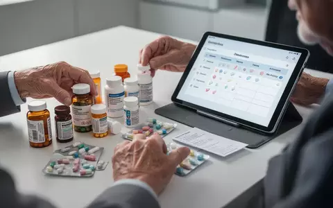 Ältere Hände sortieren Medikamentenflaschen neben einem Tablet, das einen digitalen Medikationsplan anzeigt. - Foto: über boerse-global.de