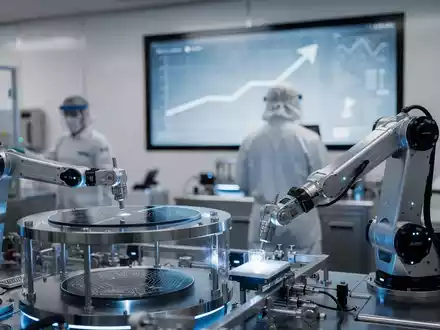 Eine futuristische Reinraumumgebung mit Halbleiterfertigungsanlagen und einem subtilen Aufwärtstrend in den Hintergrund eingeblendet. - Foto: über boerse-global.de