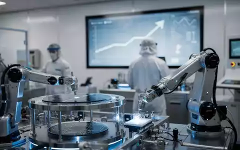 Eine futuristische Reinraumumgebung mit Halbleiterfertigungsanlagen und einem subtilen Aufwärtstrend in den Hintergrund eingeblendet. - Foto: über boerse-global.de