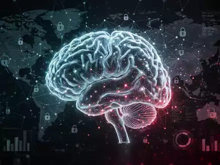 A glowing, abstract digital brain or network overlaid with global maps and data, symbolizing AI's impact on global security. - Foto: über boerse-global.de