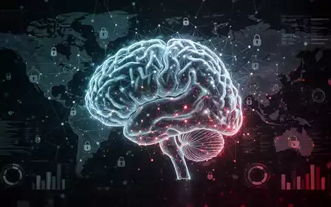 A glowing, abstract digital brain or network overlaid with global maps and data, symbolizing AI's impact on global security. - Foto: über boerse-global.de