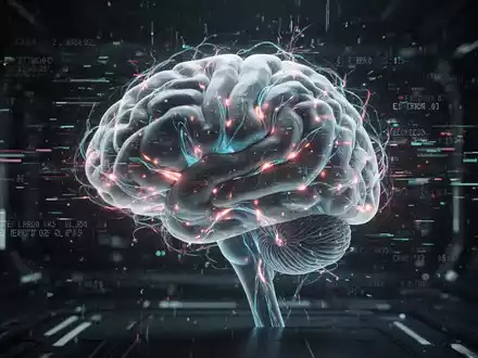 A digital brain with glowing neural pathways, experiencing a glitch effect and showing error codes. - Foto: über boerse-global.de
