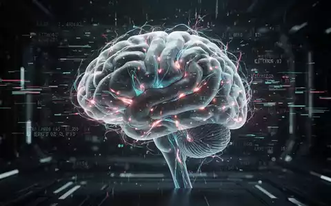 A digital brain with glowing neural pathways, experiencing a glitch effect and showing error codes. - Foto: über boerse-global.de