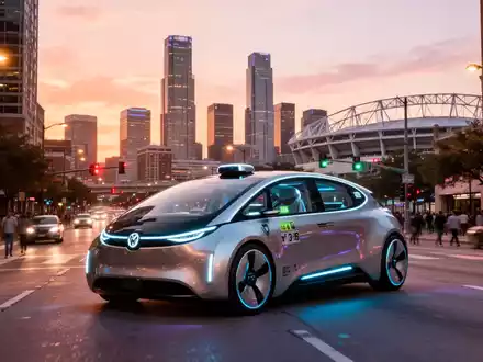 A futuristic robotaxi drives on a busy Houston street with a stadium and city skyline in the background at sunset. - Foto: über boerse-global.de