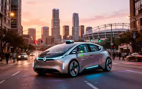A futuristic robotaxi drives on a busy Houston street with a stadium and city skyline in the background at sunset. - Foto: über boerse-global.de