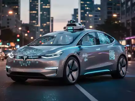 A sleek, futuristic Waymo robotaxi driving on a city street at dusk, with blurred city lights in the background. - Foto: über boerse-global.de