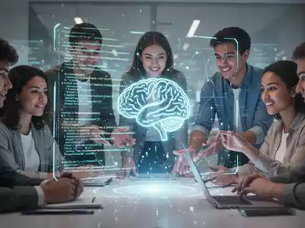 Young professionals collaborating around a holographic projection of AI code, symbolizing the integration of AI into the nonprofit sector. - Foto: über boerse-global.de