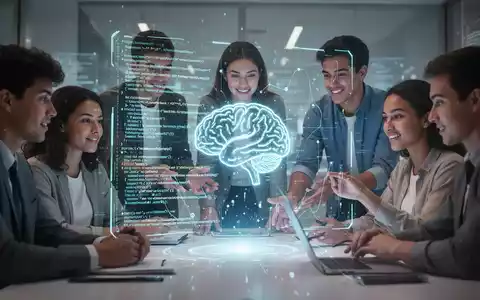 Young professionals collaborating around a holographic projection of AI code, symbolizing the integration of AI into the nonprofit sector. - Foto: über boerse-global.de