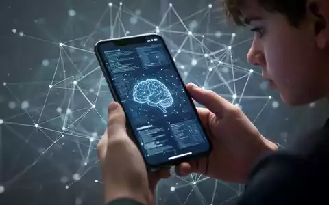 Nahaufnahme eines Smartphones, das von Kinderhänden gehalten wird, mit verschwommenen digitalen Mustern auf dem Bildschirm und einem abstrakten Netzwerk im Hintergrund. - Foto: über boerse-global.de