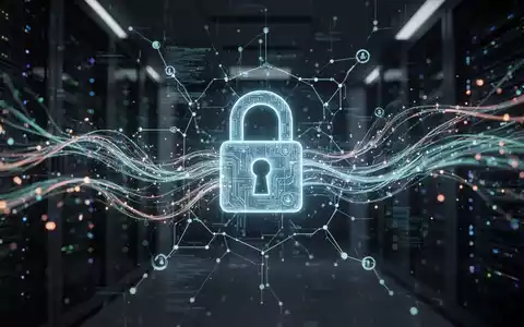 Glowing abstract data flows through a secure network with a digital padlock icon, symbolizing cybersecurity and AI protection. - Foto: über boerse-global.de