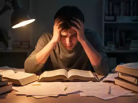 Ein gestresster Student sitzt nachts an einem Schreibtisch, umgeben von Büchern und Notizen, und hält den Kopf in den Händen. - Foto: über boerse-global.de