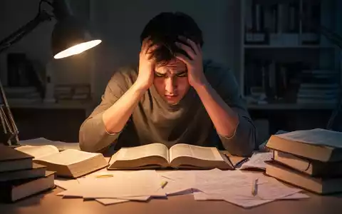 Ein gestresster Student sitzt nachts an einem Schreibtisch, umgeben von Büchern und Notizen, und hält den Kopf in den Händen. - Foto: über boerse-global.de