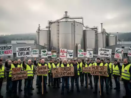 Arbeiter streiken vor einer großen, modernen Milchverarbeitungsanlage in der Eifel, Deutschland. Protestschilder und Arbeitskleidung. - Foto: über boerse-global.de