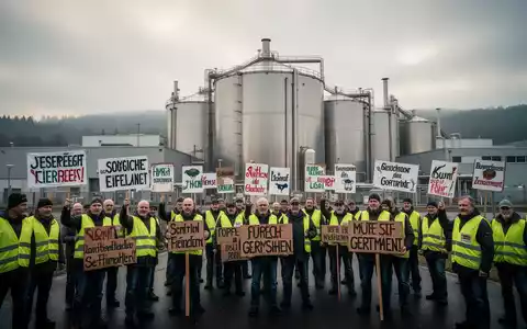Arbeiter streiken vor einer großen, modernen Milchverarbeitungsanlage in der Eifel, Deutschland. Protestschilder und Arbeitskleidung. - Foto: über boerse-global.de
