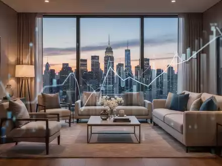 Ein modernes Wohnzimmer mit Blick auf eine Stadt bei Sonnenuntergang, symbolisiert Mitarbeiterwohnungen und Investitionen. - Foto: über boerse-global.de