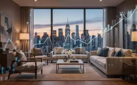 Ein modernes Wohnzimmer mit Blick auf eine Stadt bei Sonnenuntergang, symbolisiert Mitarbeiterwohnungen und Investitionen. - Foto: über boerse-global.de