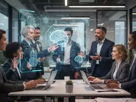 Eine Gruppe von Geschäftsleuten in einem modernen Büro, die Technologie und menschliche Interaktion bei der Personalentwicklung verbindet. - Foto: über boerse-global.de
