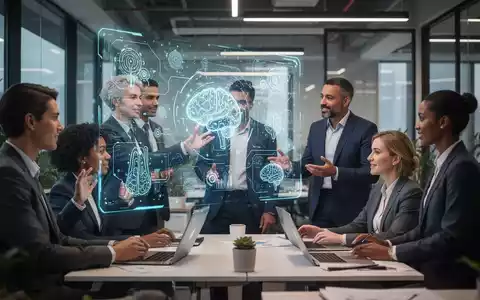 Eine Gruppe von Geschäftsleuten in einem modernen Büro, die Technologie und menschliche Interaktion bei der Personalentwicklung verbindet. - Foto: über boerse-global.de