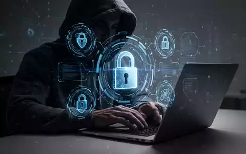 A person in a hoodie typing on a laptop, surrounded by digital security icons and a padlock, symbolizing cybersecurity threats. - Foto: über boerse-global.de