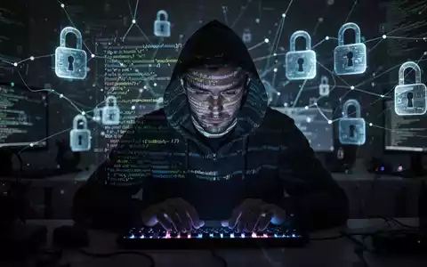 A shadowy figure typing on a keyboard, with digital code and network lines overlaying the scene, representing cyber warfare. - Foto: über boerse-global.de