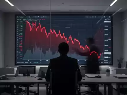 Ein Investor blickt auf einen roten, abwärtstrendigen Börsenchart auf einem Bildschirm, der finanzielle Verluste anzeigt. - Foto: über boerse-global.de