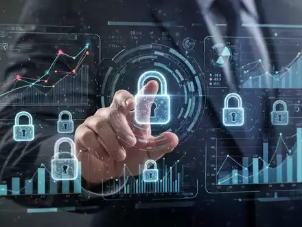 A hand interacts with a holographic interface showing financial data and digital locks, representing consumer protection and data transparency. - Foto: über boerse-global.de