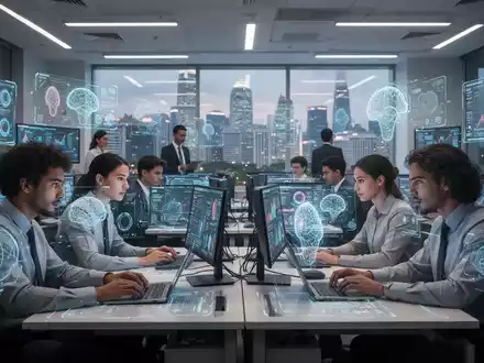 Professionelle lernen in einem modernen Klassenzimmer mit KI-Projektionen, die Singapurs Fokus auf technologische Weiterbildung zeigen. - Foto: über boerse-global.de
