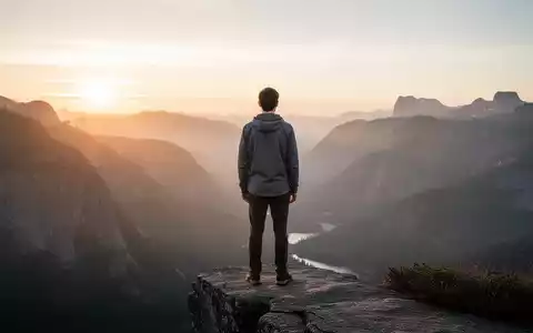 Eine Person steht auf einem Felsvorsprung und blickt auf eine weite, friedliche Berglandschaft bei Sonnenaufgang. - Foto: über boerse-global.de