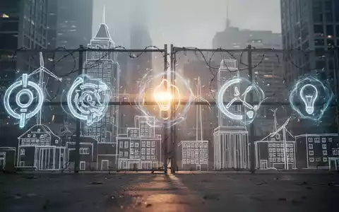 Eine stilisierte Darstellung von Energie- und Gebäudesymbolen, die eine Barriere bilden, welche legislative Hindernisse andeutet. - Foto: über boerse-global.de