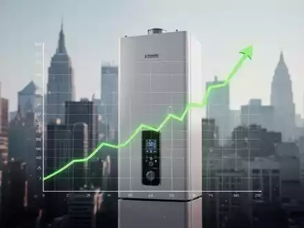 Ein modernes Heizsystem mit einer überlagerten Grafik, die eine steigende Kurve für grüne Energie zeigt, vor einer unscharfen Stadtkulisse. - Foto: über boerse-global.de