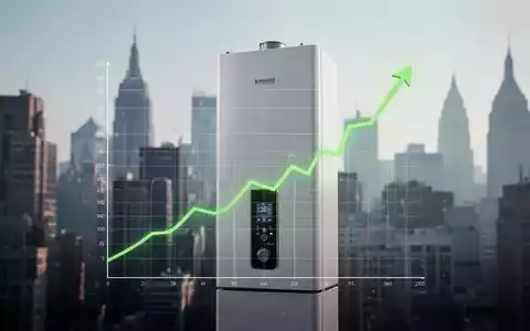 Ein modernes Heizsystem mit einer überlagerten Grafik, die eine steigende Kurve für grüne Energie zeigt, vor einer unscharfen Stadtkulisse. - Foto: über boerse-global.de