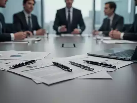 Ein moderner Konferenztisch mit Dokumenten, Stiften und einem Laptop, im Hintergrund verschwommene Geschäftsleute, die Reformen diskutieren. - Foto: über boerse-global.de