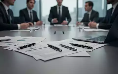 Ein moderner Konferenztisch mit Dokumenten, Stiften und einem Laptop, im Hintergrund verschwommene Geschäftsleute, die Reformen diskutieren. - Foto: über boerse-global.de