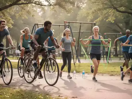 Eine Gruppe von Erwachsenen mittleren Alters betreibt Sport im Freien, darunter Radfahren, Gehen und Krafttraining mit Widerstandsbändern. - Foto: über boerse-global.de