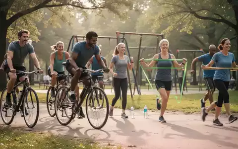 Eine Gruppe von Erwachsenen mittleren Alters betreibt Sport im Freien, darunter Radfahren, Gehen und Krafttraining mit Widerstandsbändern. - Foto: über boerse-global.de