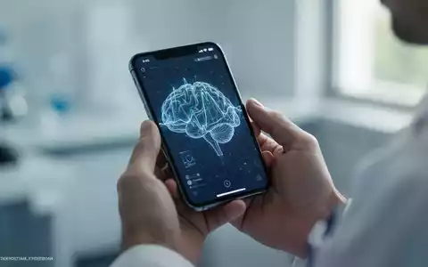 Hände halten ein Smartphone mit einer Darstellung von Gehirnaktivität, verschwommener Hintergrund deutet auf klinische Umgebung hin. - Foto: über boerse-global.de