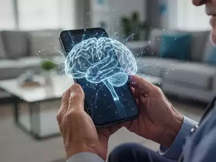Hände einer älteren Person halten ein Smartphone mit einer Gehirn-App, die digitale Demenz-Früherkennung symbolisiert. - Foto: über boerse-global.de