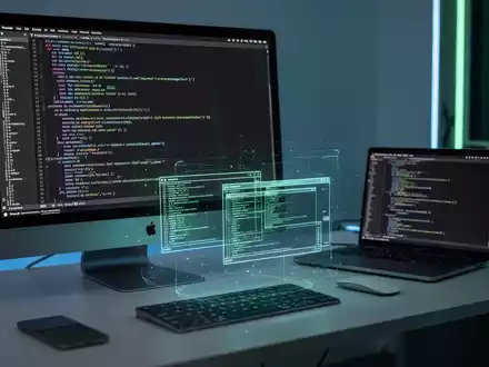 A developer's desk with an Apple Studio Display showing code, a MacBook Pro, and a holographic Linux terminal projection. - Foto: über boerse-global.de