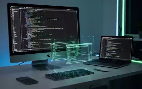 A developer's desk with an Apple Studio Display showing code, a MacBook Pro, and a holographic Linux terminal projection. - Foto: über boerse-global.de