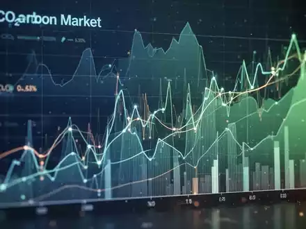 Abstrakte Darstellung des Emissionshandels mit digitalen Grafiken, die CO2-Preise und Marktschwankungen in kühlen Farben zeigen. - Foto: über boerse-global.de