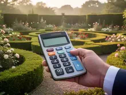 Nahaufnahme einer Hand, die einen Taschenrechner über einer gepflegten Gartenlandschaft mit Hecken und Blumen hält, symbolisiert Gartenkosten. - Foto: über boerse-global.de