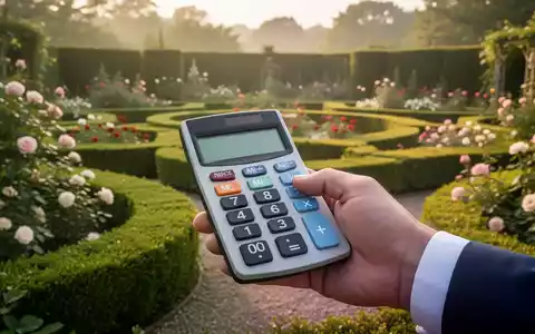 Nahaufnahme einer Hand, die einen Taschenrechner über einer gepflegten Gartenlandschaft mit Hecken und Blumen hält, symbolisiert Gartenkosten. - Foto: über boerse-global.de