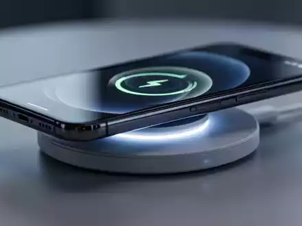 A modern smartphone, possibly an iPhone, wirelessly charging on a sleek, minimalist charging pad, with a subtle blue glow. - Foto: über boerse-global.de