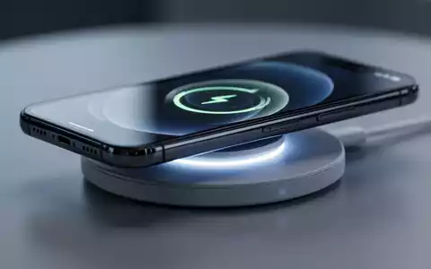 A modern smartphone, possibly an iPhone, wirelessly charging on a sleek, minimalist charging pad, with a subtle blue glow. - Foto: über boerse-global.de