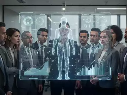 Eine vielfältige Gruppe von Fachleuten in einem modernen Büro, die auf eine transparente digitale Anzeige mit KI-Datenvisualisierungen blicken. - Foto: über boerse-global.de