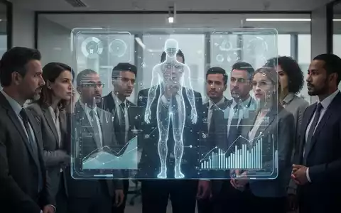 Eine vielfältige Gruppe von Fachleuten in einem modernen Büro, die auf eine transparente digitale Anzeige mit KI-Datenvisualisierungen blicken. - Foto: über boerse-global.de