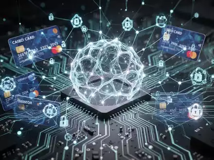 A glowing neural network symbolizing AI and autonomous agents overlaid on a circuit board, with digital payment card and blockchain icons. - Foto: über boerse-global.de