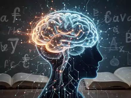 Eine stilisierte Darstellung eines leuchtenden neuronalen Netzes, das mit einer menschlichen Kopfsilhouette verbunden ist, um KI und Sprachenlernen zu symbolisieren. - Foto: über boerse-global.de