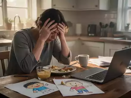 Ein erschöpftes Elternteil mit dem Kopf in den Händen an einem unordentlichen Küchentisch, der Überlastung durch Job und Kinderbetreuung symbolisiert. - Foto: über boerse-global.de