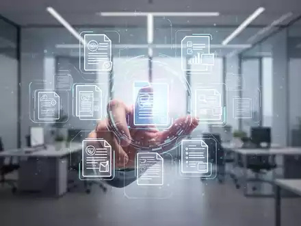 A hand interacting with a holographic interface showing document icons and digital templates in a modern office. - Foto: über boerse-global.de